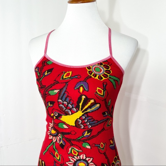 SOLD-Free People Tropical Bird Print Ribbed Red Tank Top - Picture 2 of 8